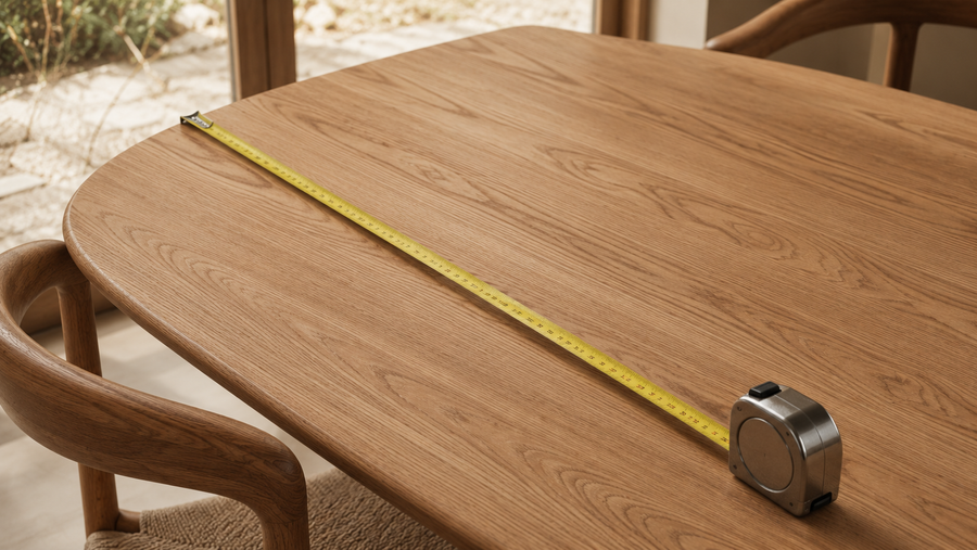 Measuring tape across a wooden dining table top